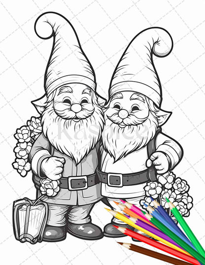 33 Gnome Love Coloring Pages Printable for Adults, Grayscale Coloring Page, PDF File Instant Download