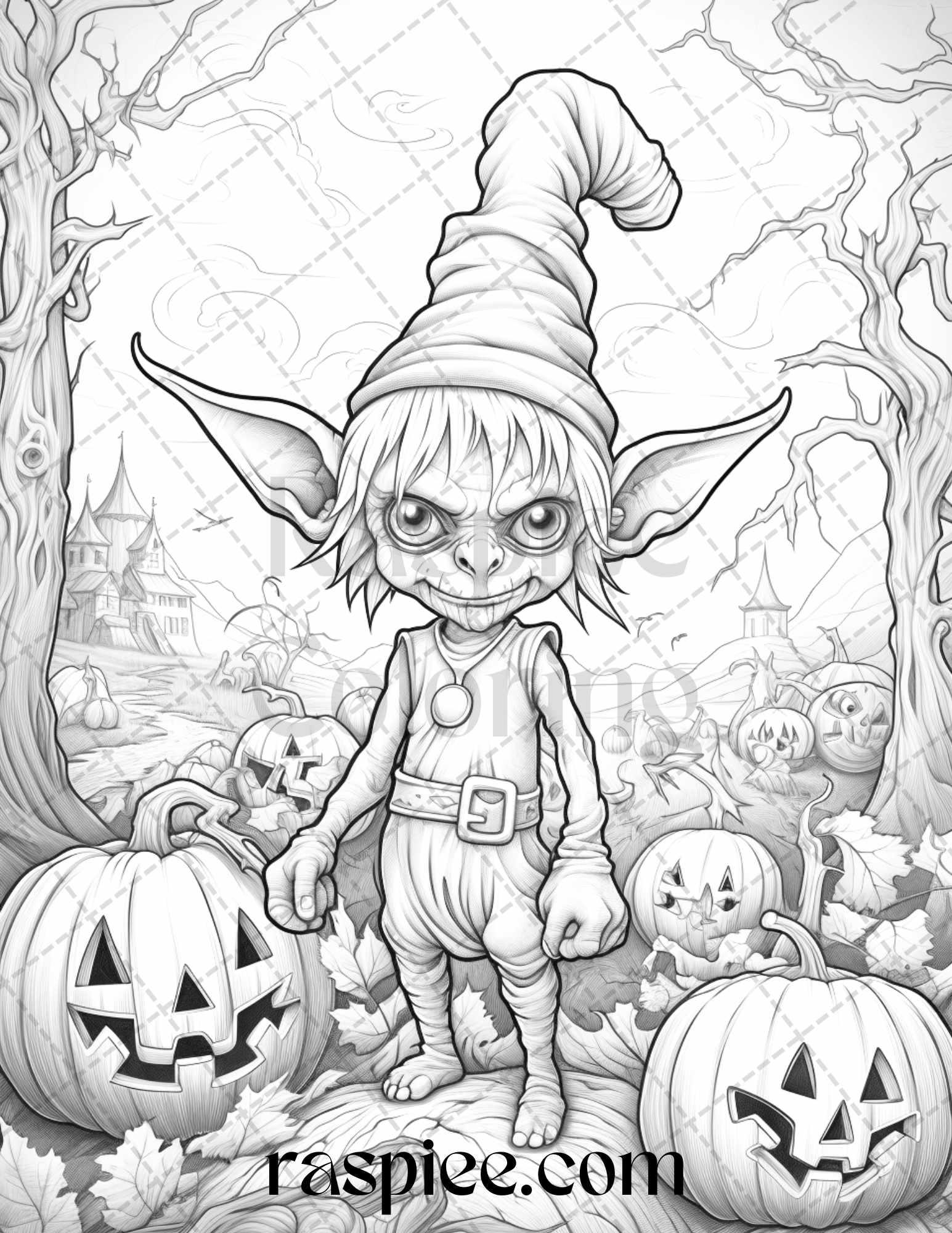 50 Halloween Goblin Grayscale Coloring Pages Printable for Adults, PDF File Instant Download