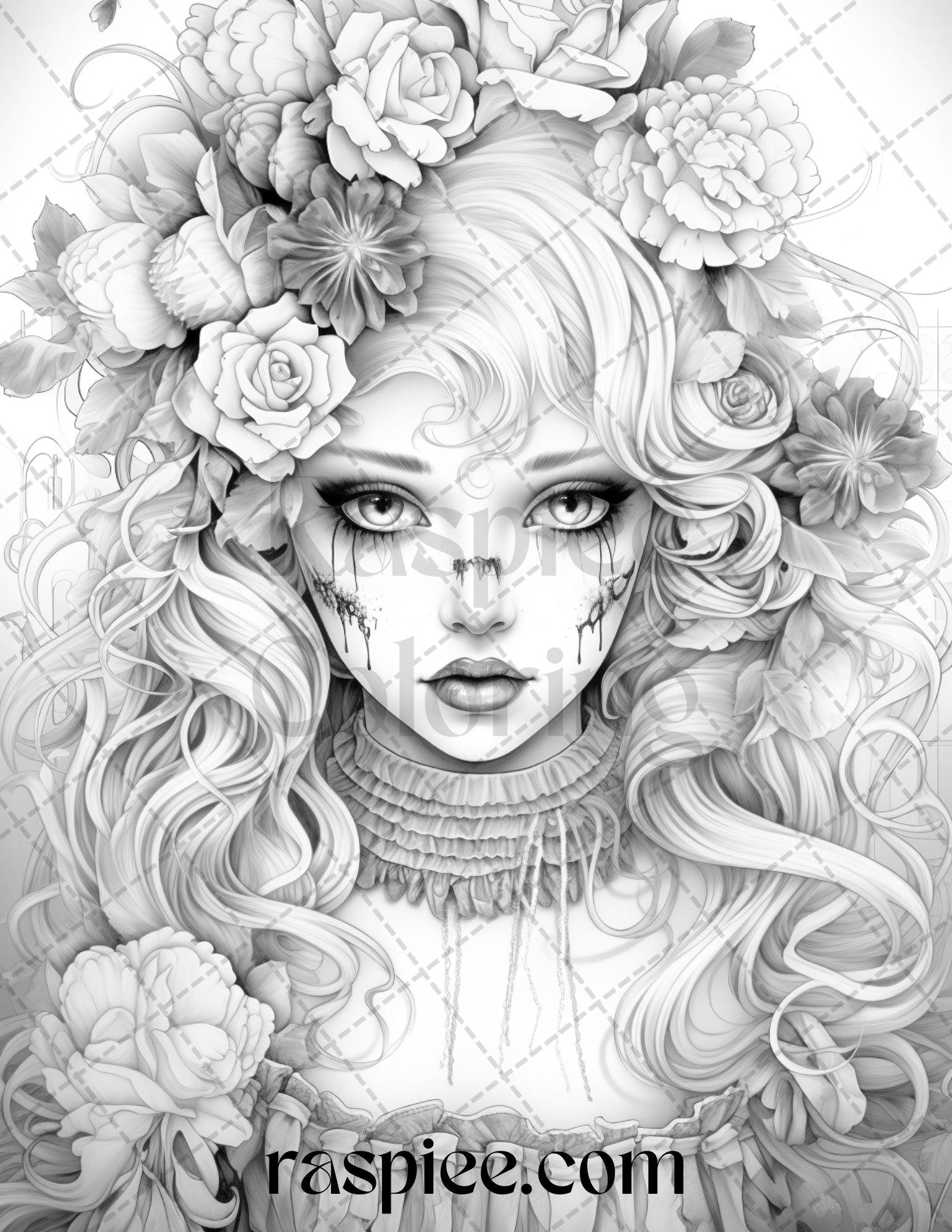 55 Halloween Girls Grayscale Coloring Pages Printable for Adults, PDF File Instant Download