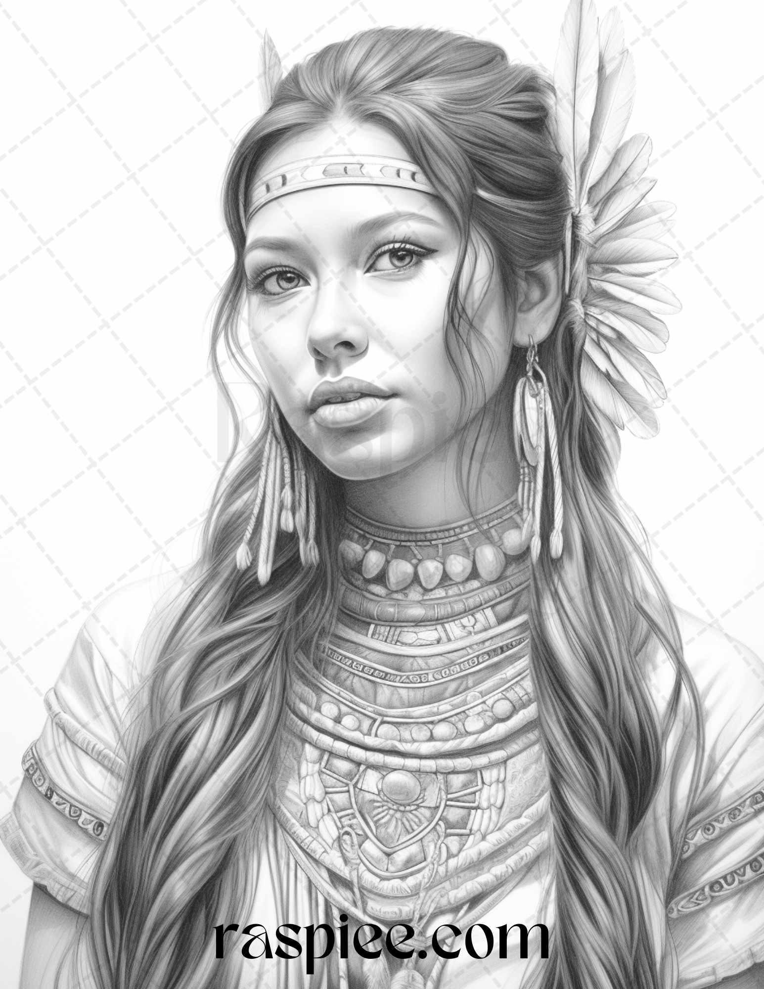 Native American Portrait Grayscale Coloring Pages Printable for Adults, PDF File Instant Download