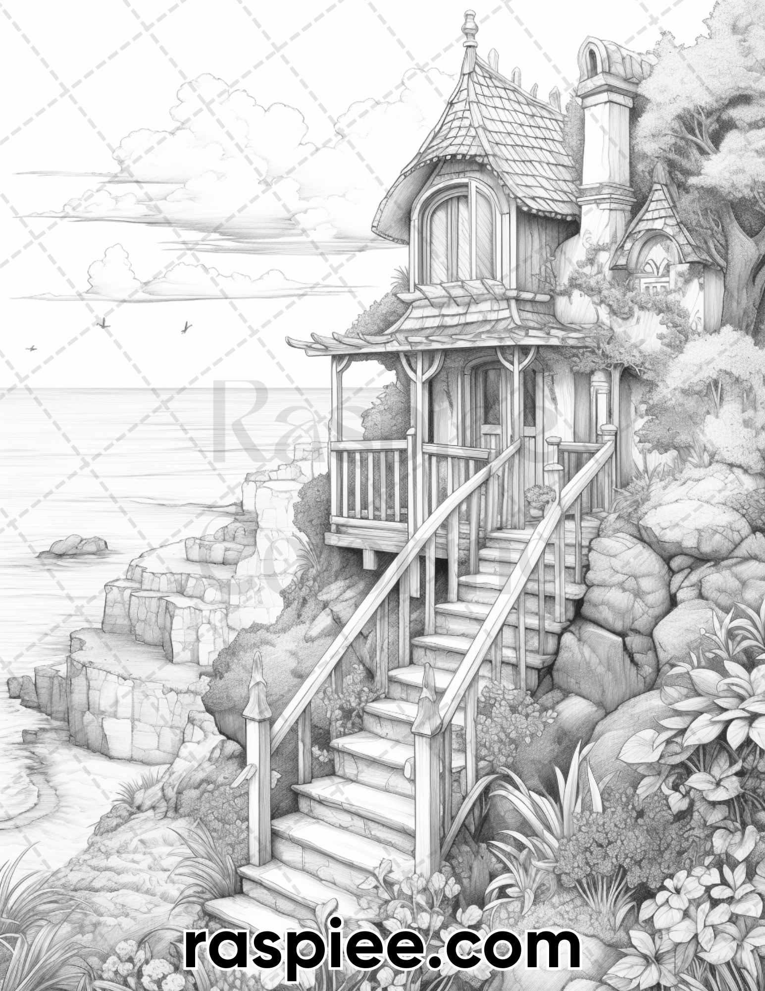 50 Fairy Beach Houses Grayscale Coloring Pages for Adults, Printable PDF Instant Download