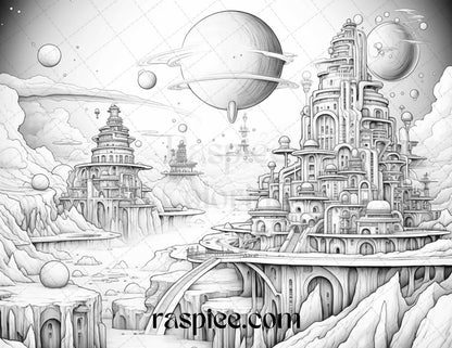 55 Celestial Landscapes Grayscale Coloring Pages Printable for Adults, PDF File Instant Download