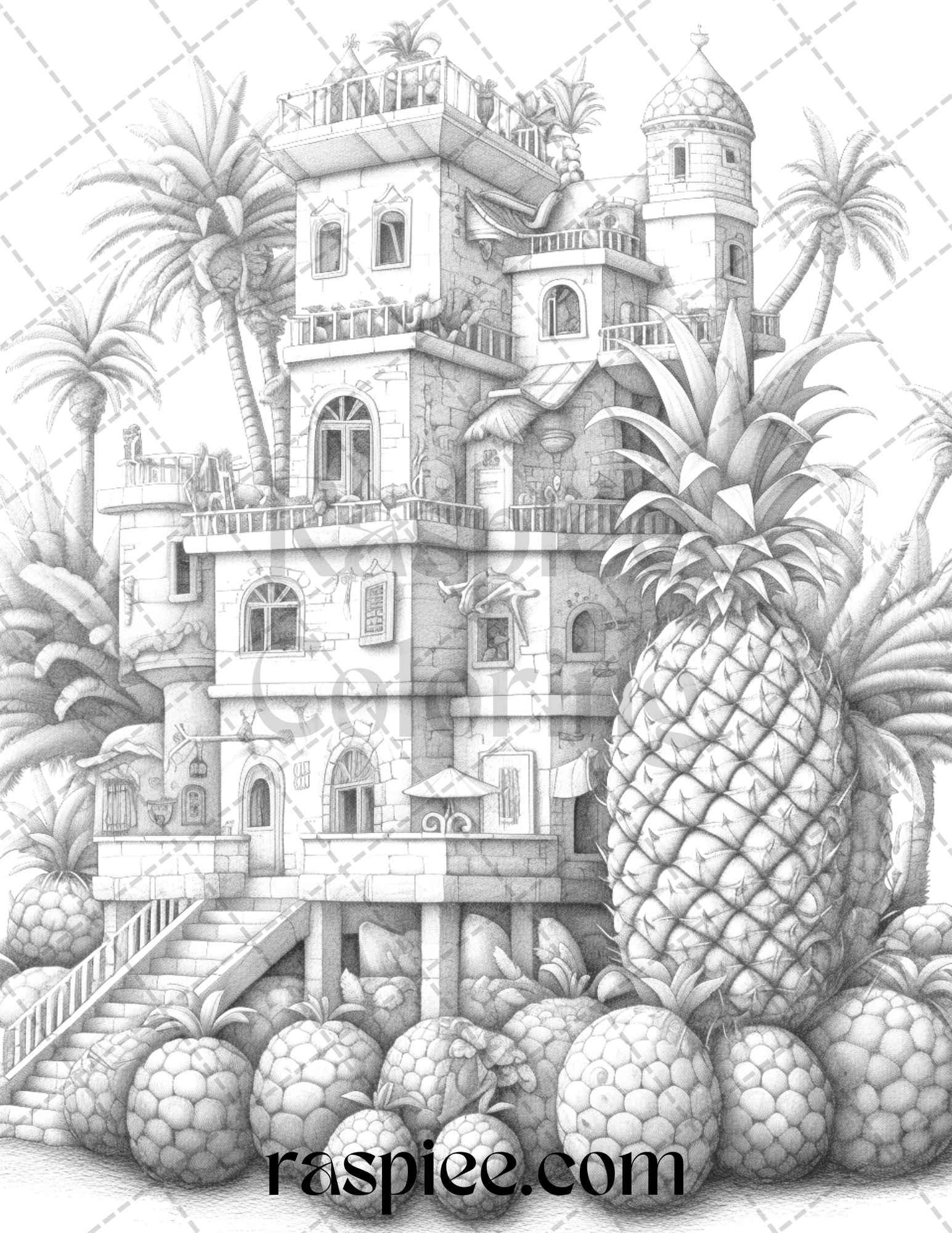 50 Pineapple Houses Grayscale Coloring Pages Printable for Adults, PDF File Instant Download