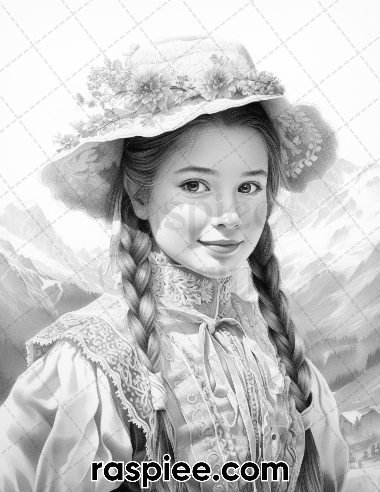 55 Traditional Swiss Girls Grayscale Adult Coloring Pages, Printable PDF Instant Download