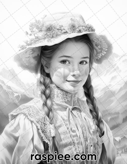 55 Traditional Swiss Girls Grayscale Adult Coloring Pages, Printable PDF Instant Download