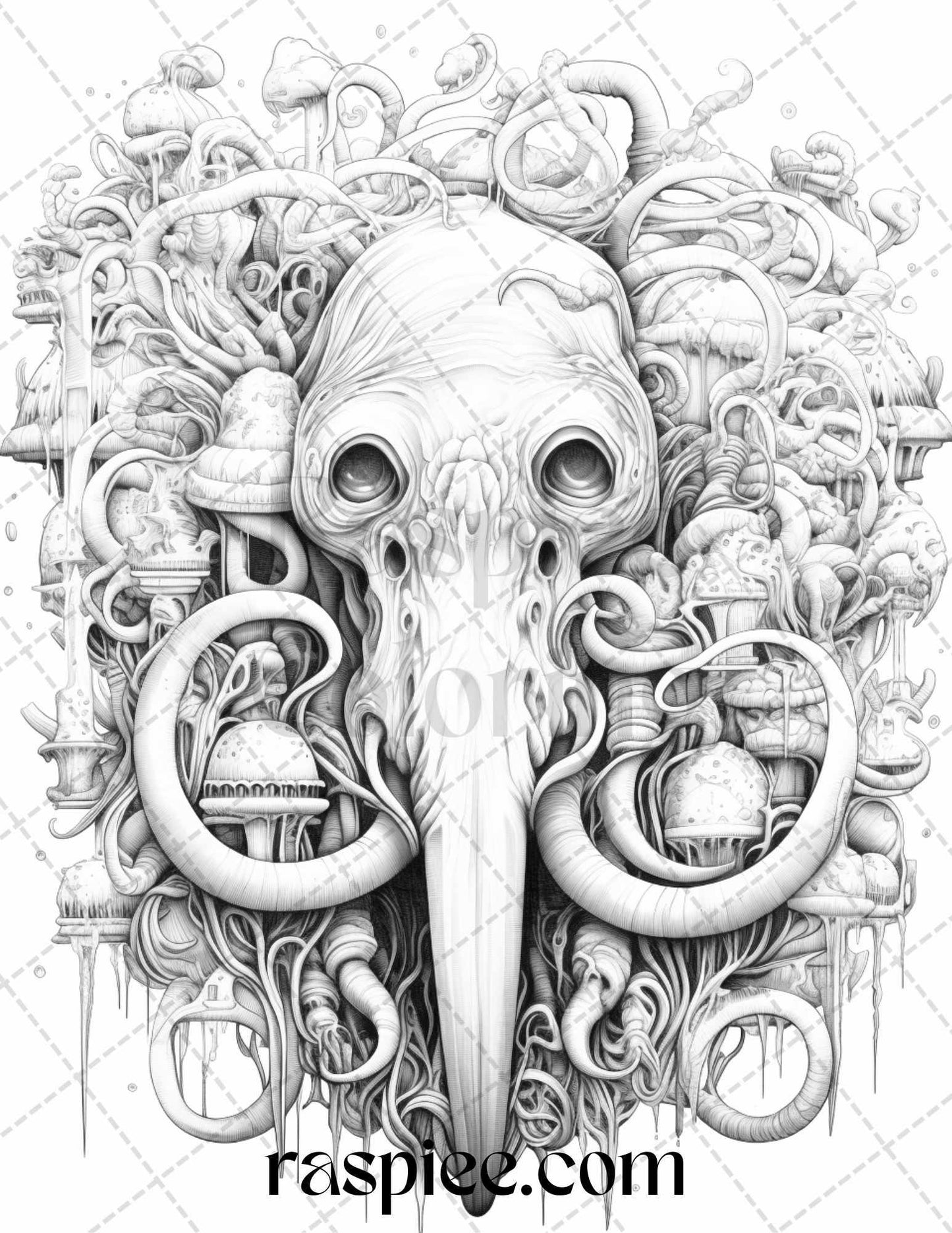 53 Surreal Creatures Grayscale Coloring Pages for Adults, Printable PDF File Instant Download