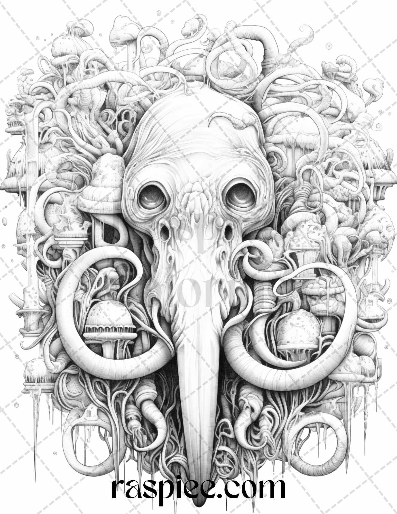 53 Surreal Creatures Grayscale Coloring Pages for Adults, Printable PDF File Instant Download