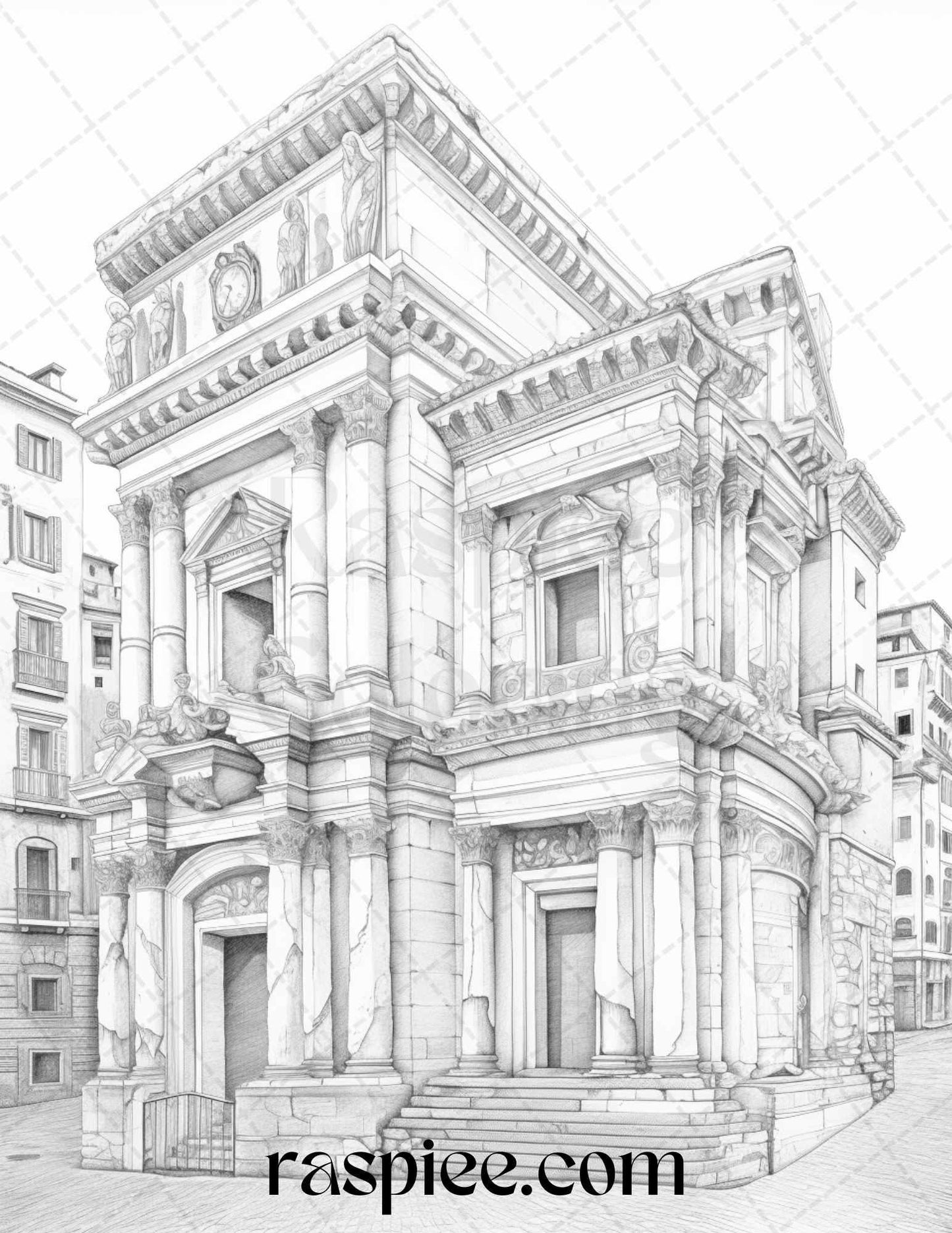 Roman Architecture Grayscale Coloring Pages Printable for Adults, PDF File Instant Download