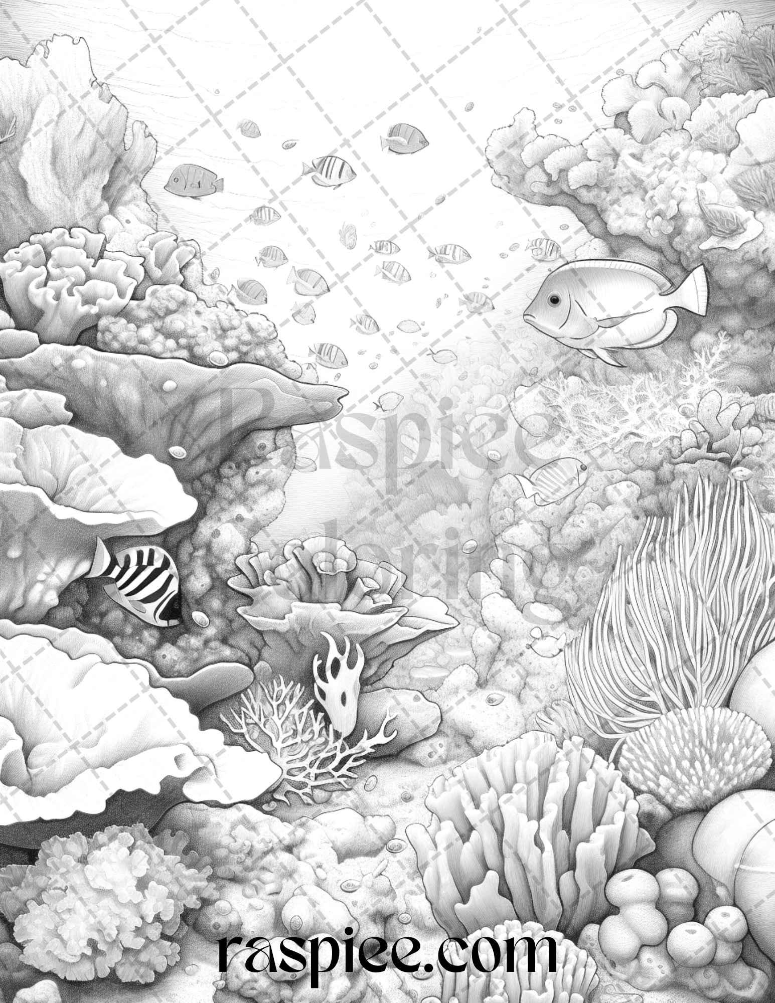 Ocean Life Grayscale Coloring Pages Printable for Adults Relaxation and Creativity, PDF File Instant Download