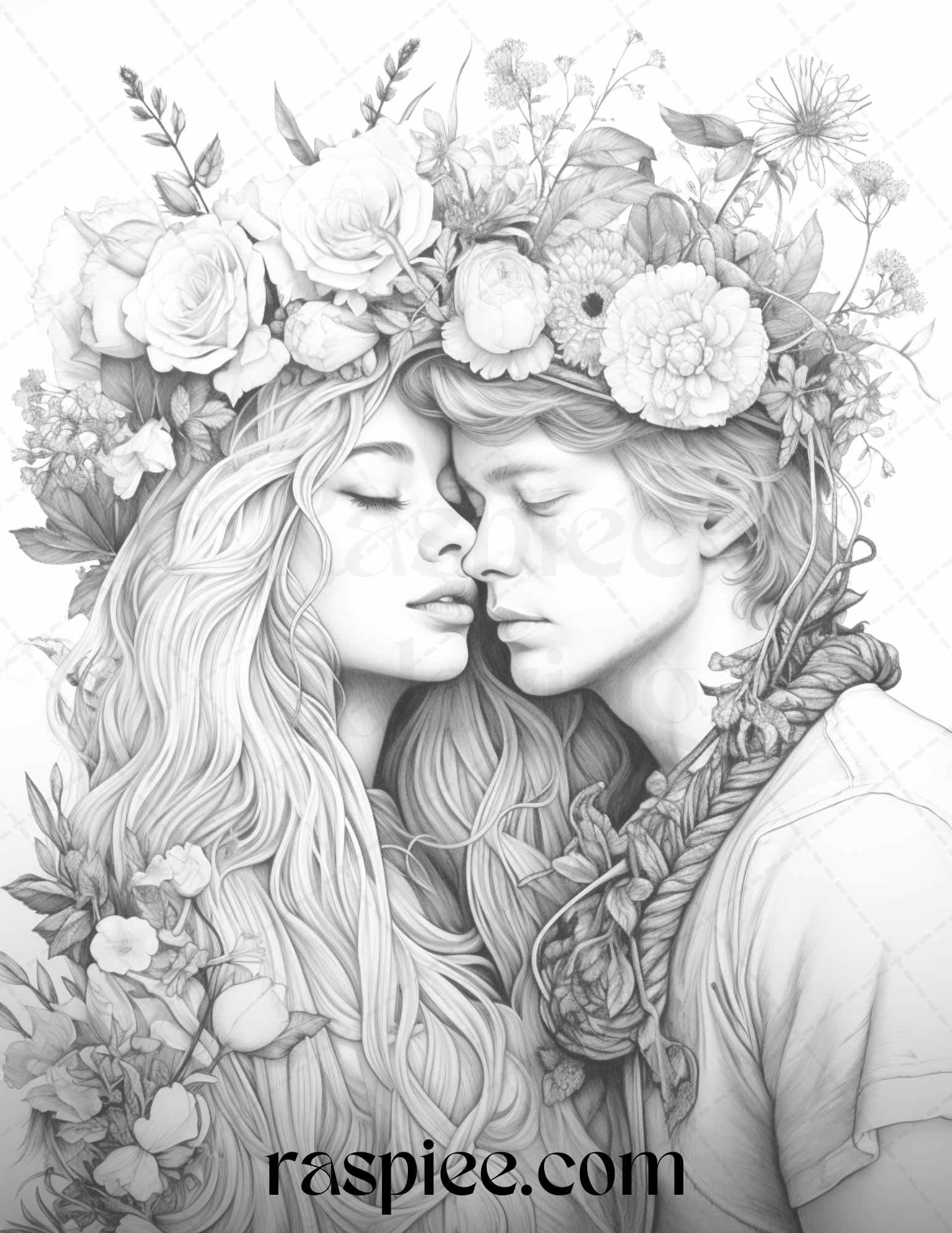 50 Romantic Couple Flowers Grayscale Coloring Pages Printable for Adults, PDF File Instant Download