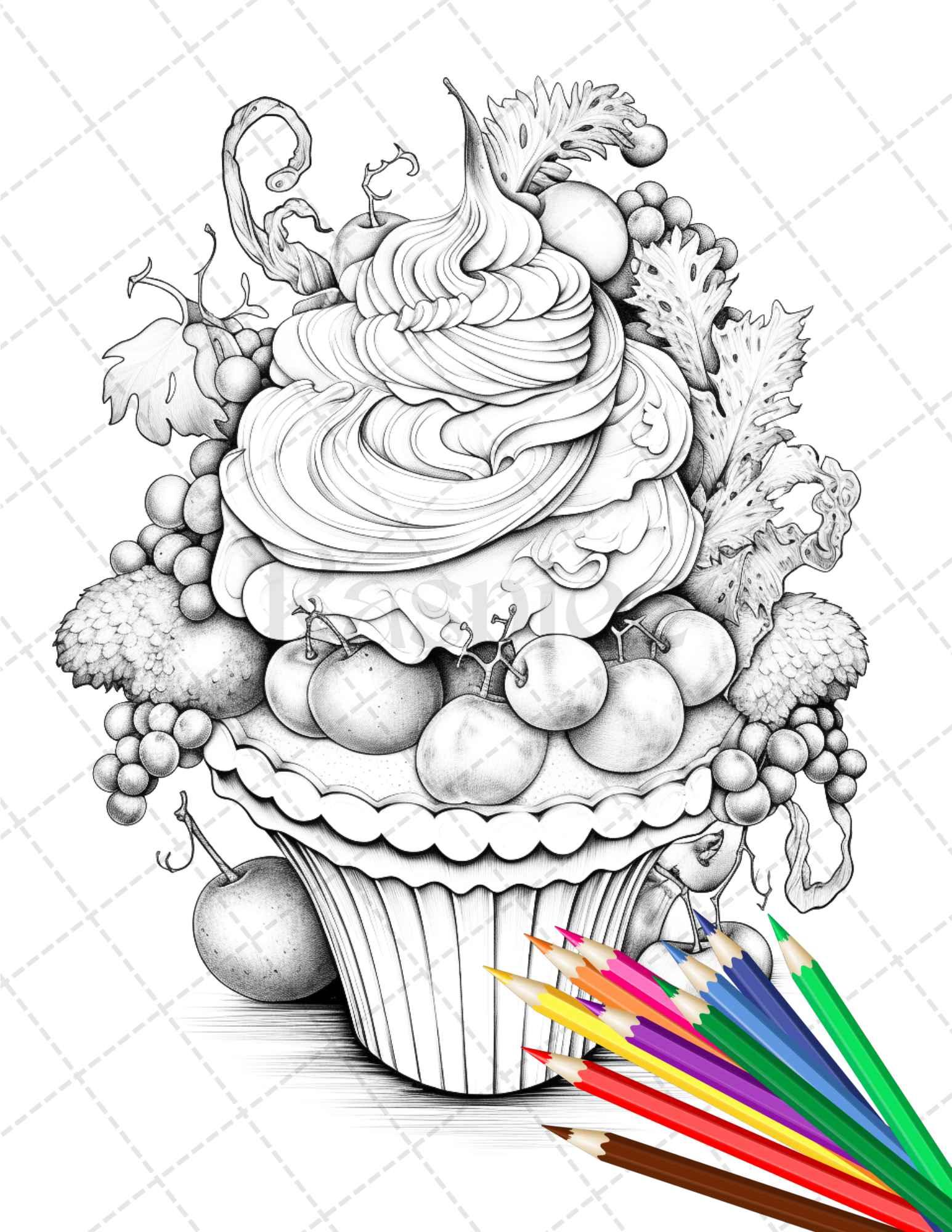 36 Sweet Desserts Coloring Pages Printable for Adults, Grayscale Coloring Page, PDF File Instant Download
