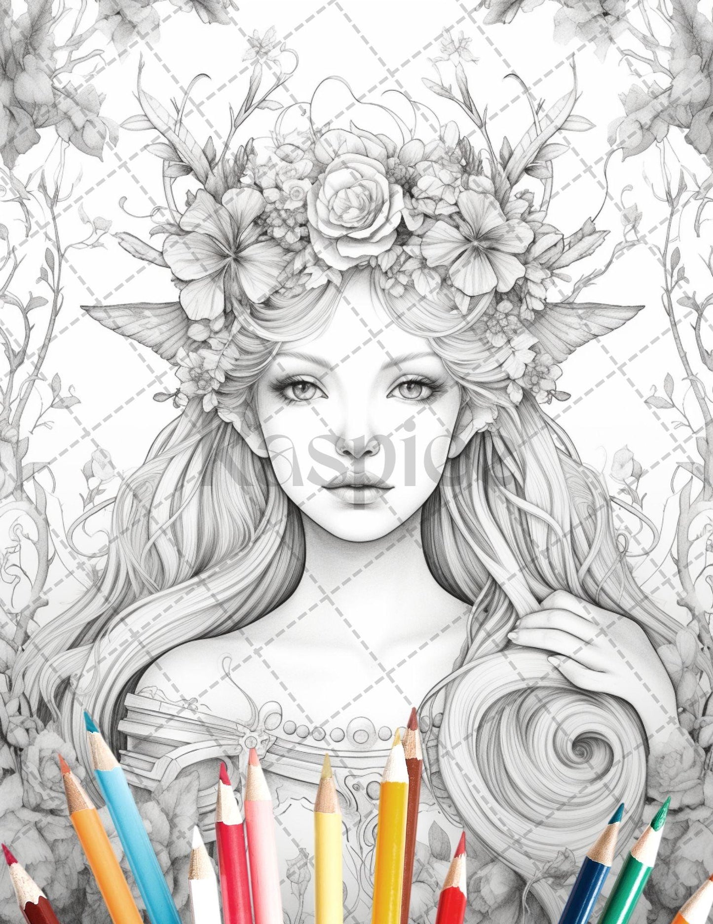 35 Beautiful Printable Elf Girls Coloring Book for Adults, Grayscale Coloring Page, PDF File Instant Download