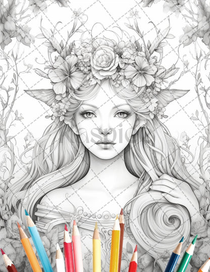 35 Beautiful Printable Elf Girls Coloring Book for Adults, Grayscale Coloring Page, PDF File Instant Download