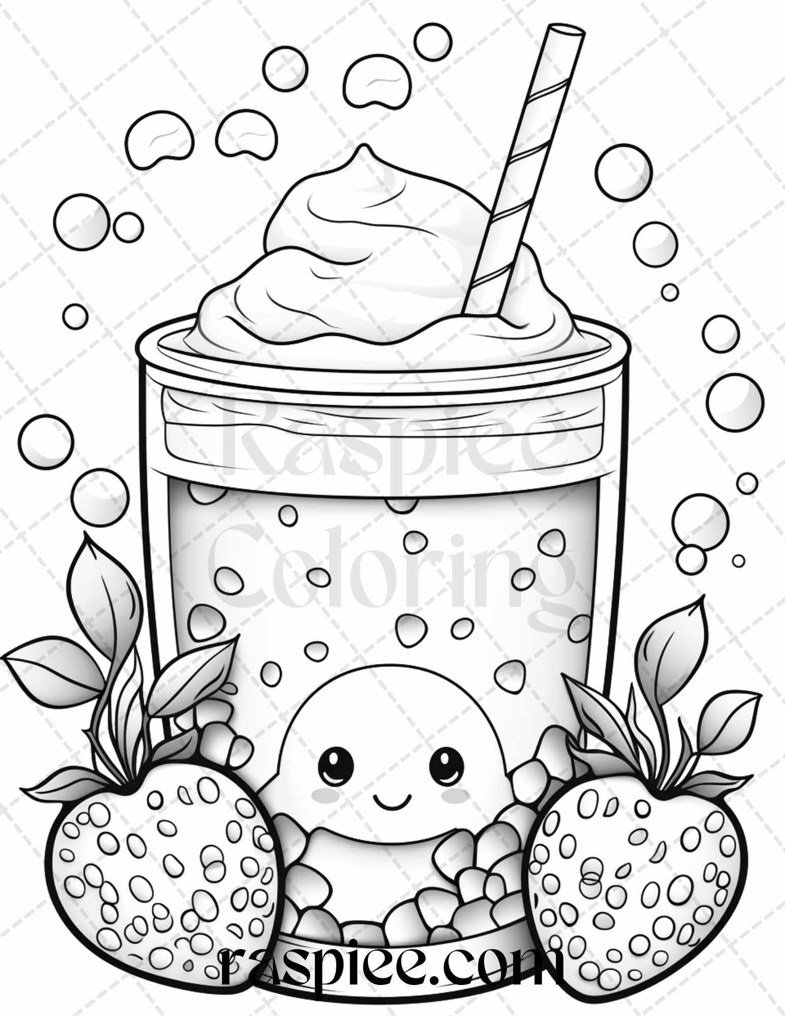 50 Cute Kawaii Boba Tea Grayscale Coloring Pages for Adults and Kids, Printable PDF File Instant Download