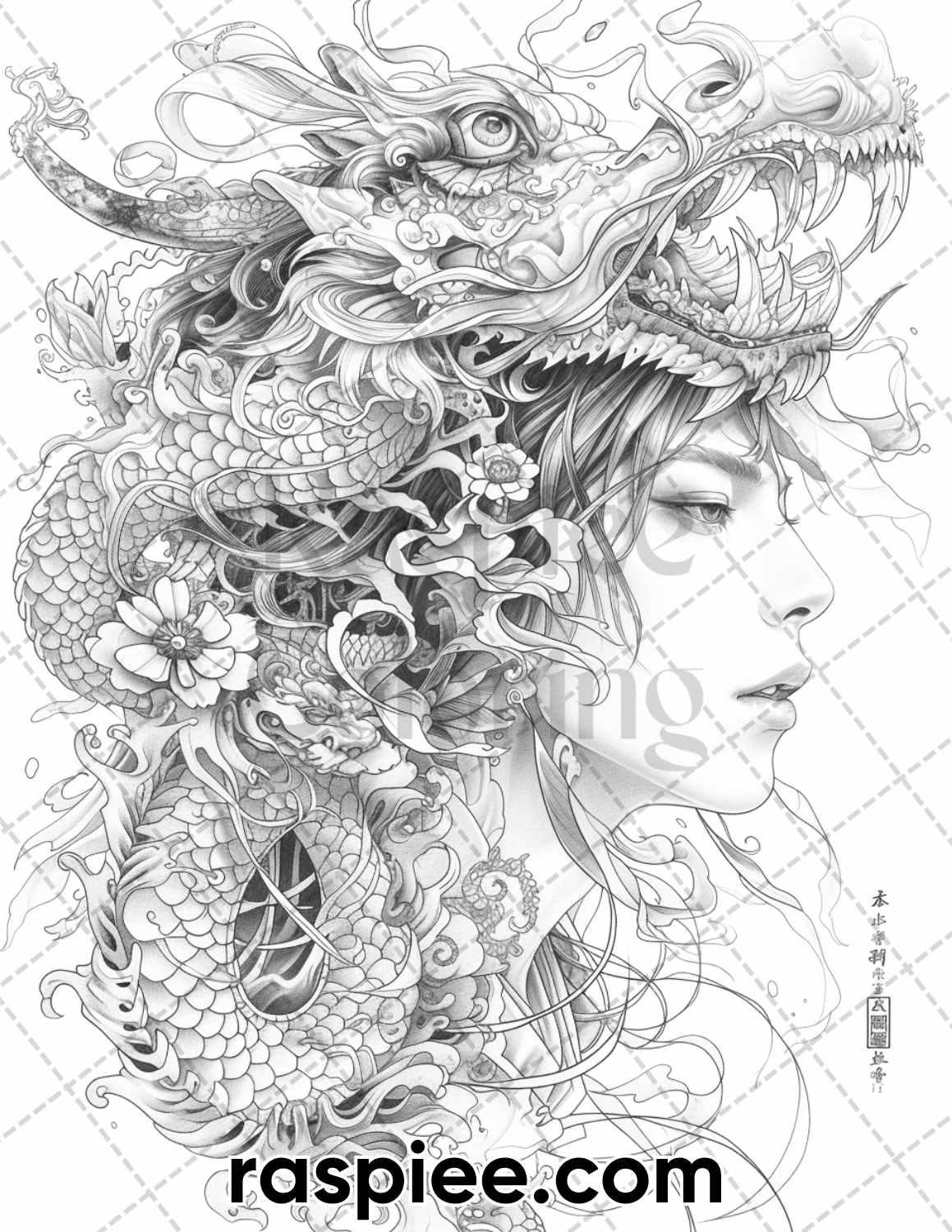 60 Traditional Japanese Tattoos Grayscale Adult Coloring Pages, Printable PDF Instant Download