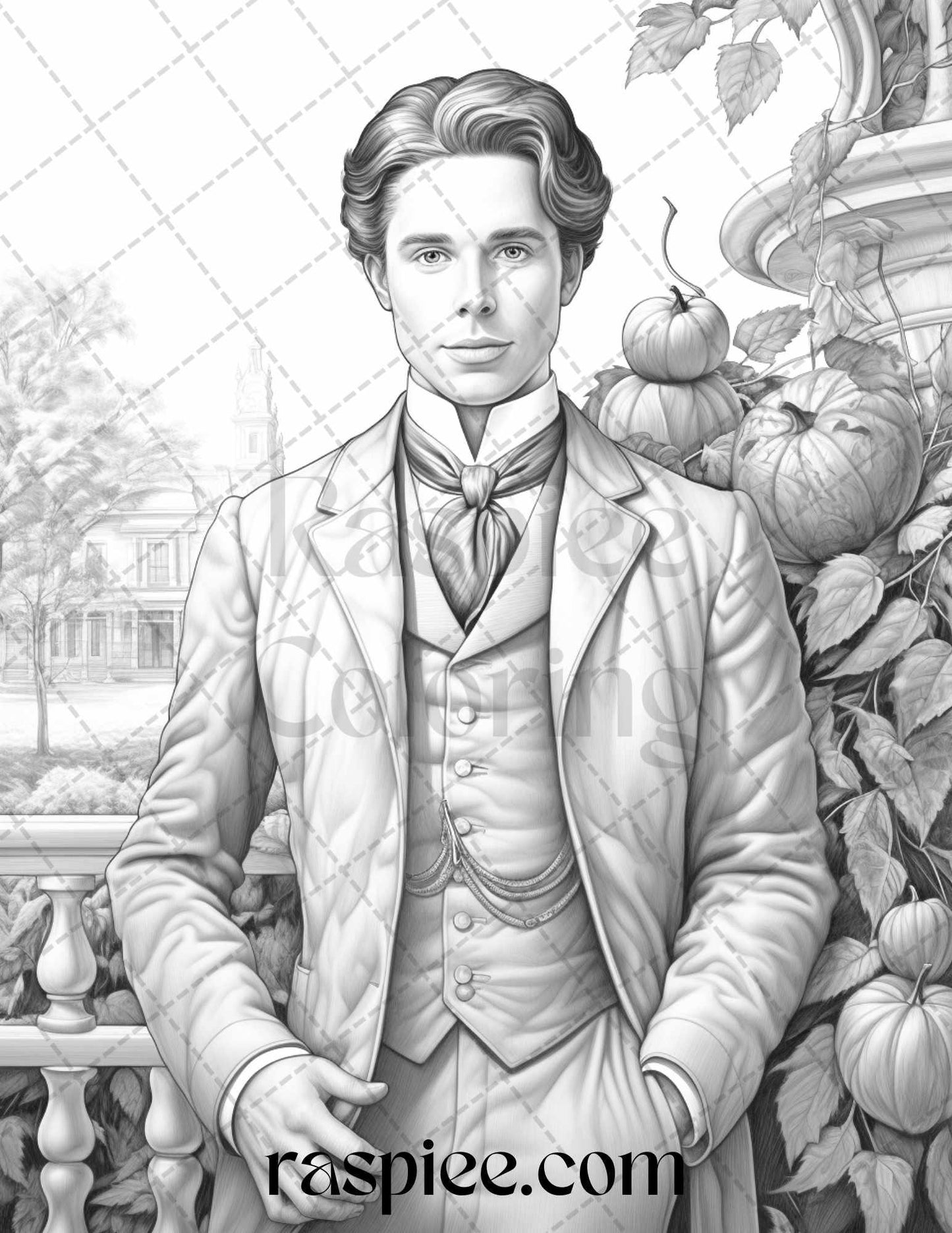 60 Victorian Autumn Portrait Grayscale Coloring Pages Printable for Adults, PDF File Instant Download