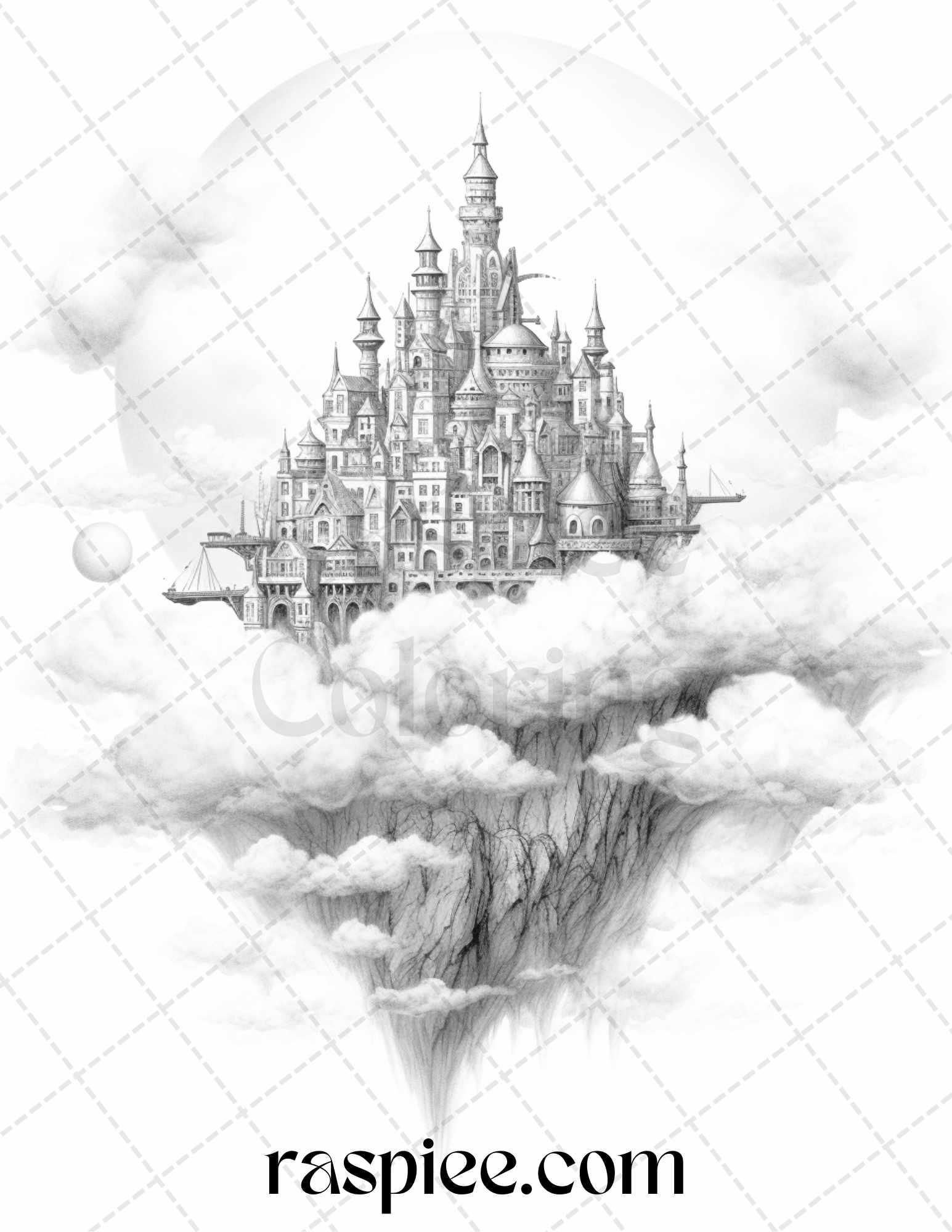 Floating Castle in the Sky Grayscale Coloring Pages for Adults, Printable PDF File Instant Download