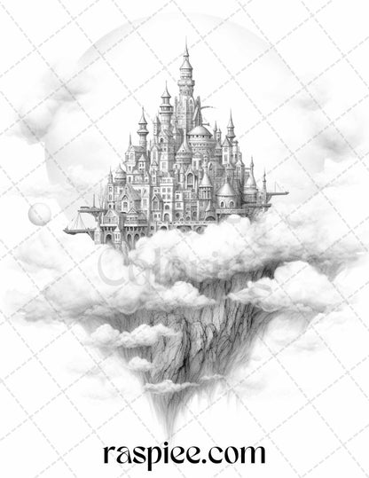 Floating Castle in the Sky Grayscale Coloring Pages for Adults, Printable PDF File Instant Download
