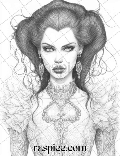 Bewitching Vampires Grayscale Coloring Pages Printable for Adults, PDF File Instant Download
