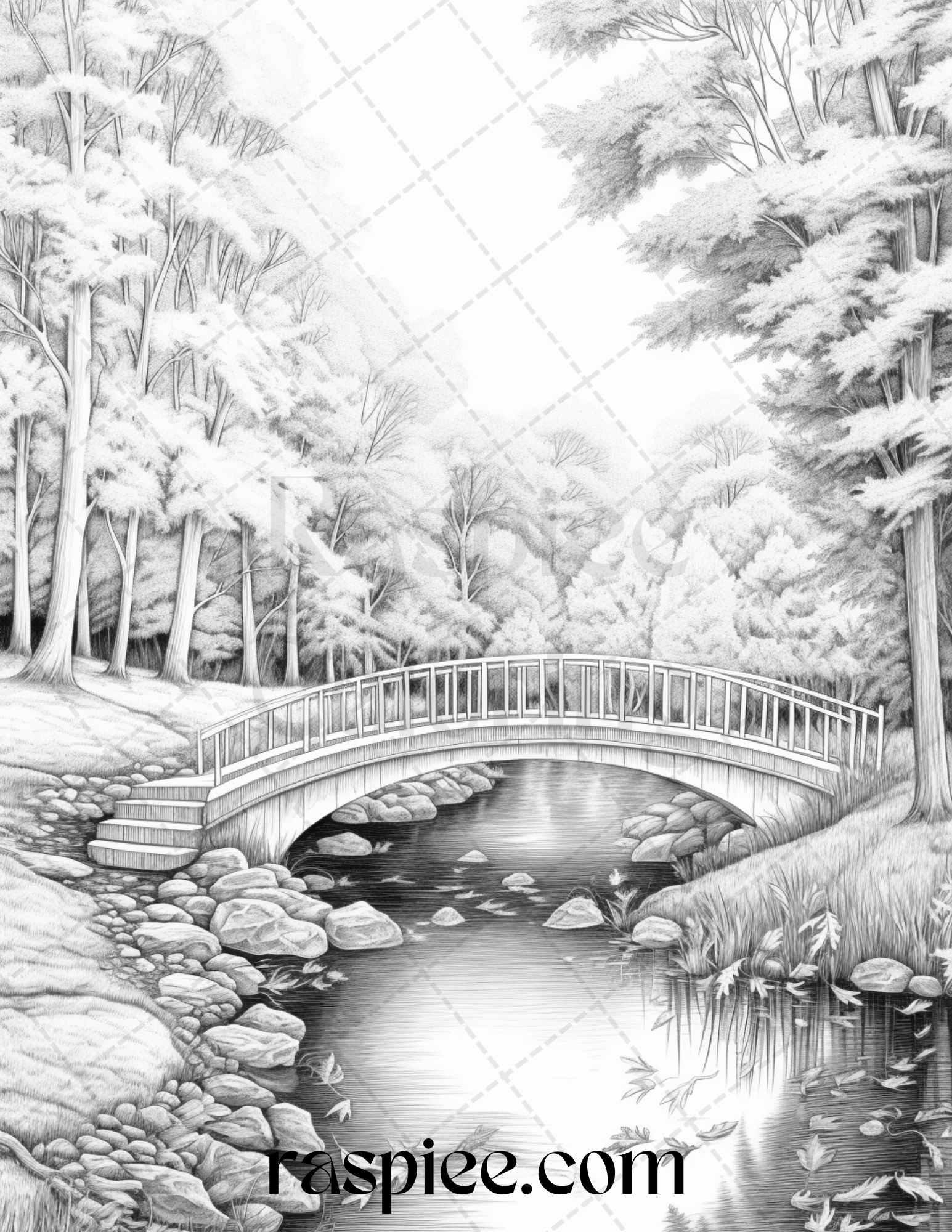 Autumn Scenery Grayscale Coloring Pages Printable for Adults, PDF File Instant Download