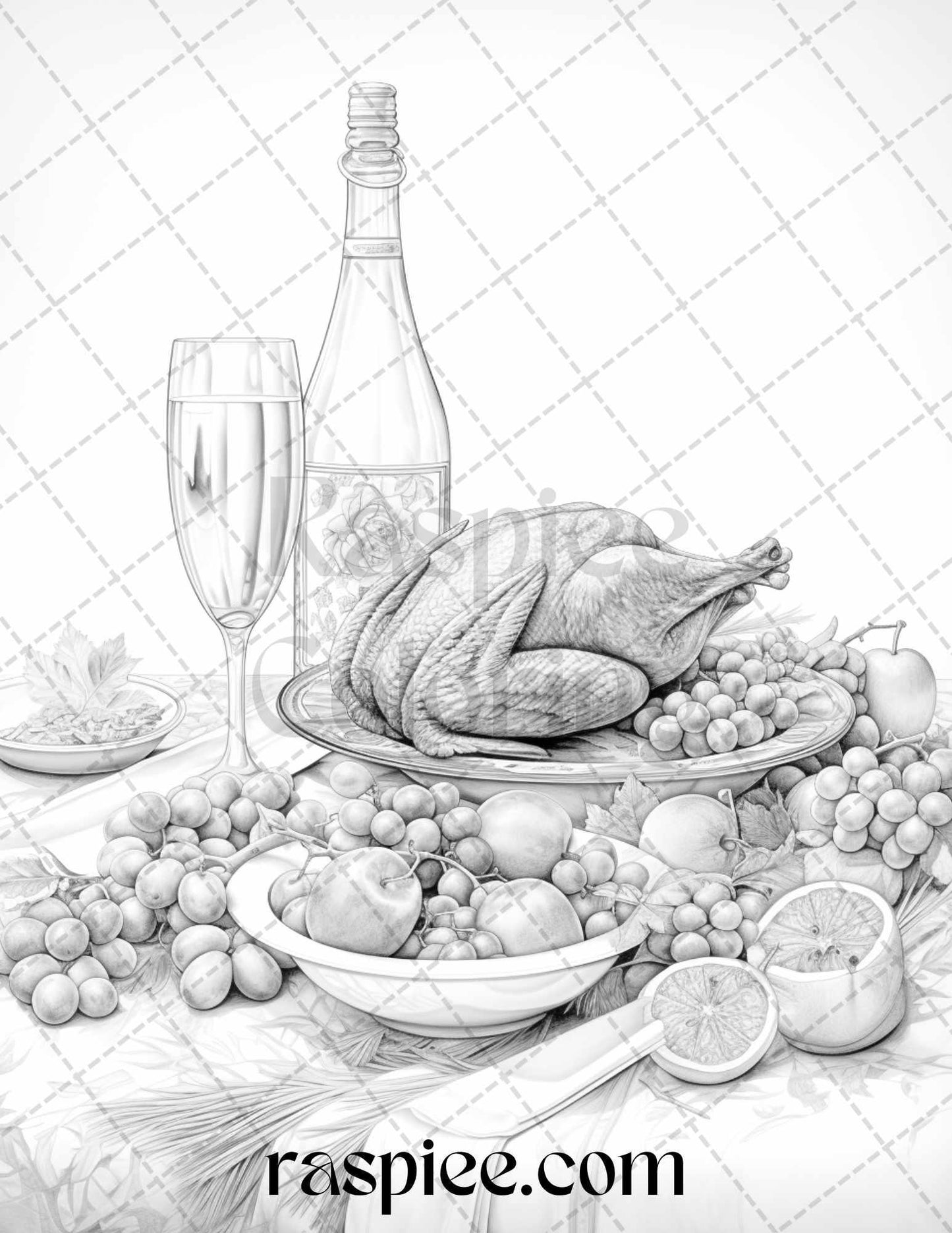 Thanksgiving Dinner Grayscale Coloring Pages for Adults, Relaxing Fall Coloring Sheets, Printable PDF File Instant Download