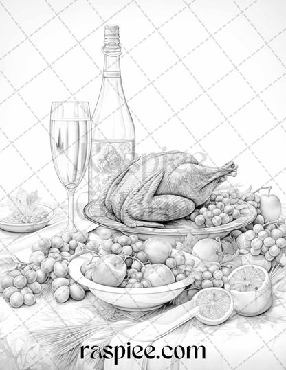 Thanksgiving Dinner Grayscale Coloring Pages for Adults, Relaxing Fall Coloring Sheets, Printable PDF File Instant Download