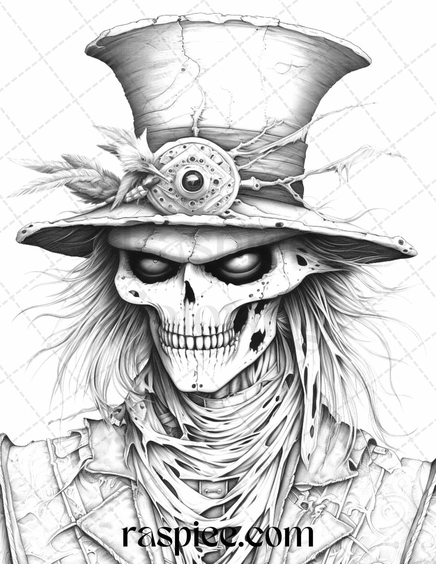 53 Scary Steampunk Scarecrows Grayscale Coloring Pages Printable for Adults, PDF File Instant Download