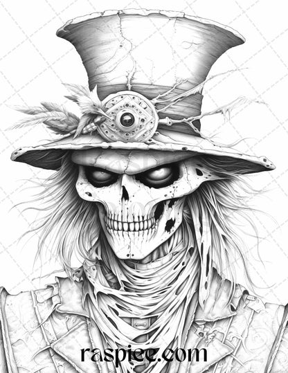 53 Scary Steampunk Scarecrows Grayscale Coloring Pages Printable for Adults, PDF File Instant Download