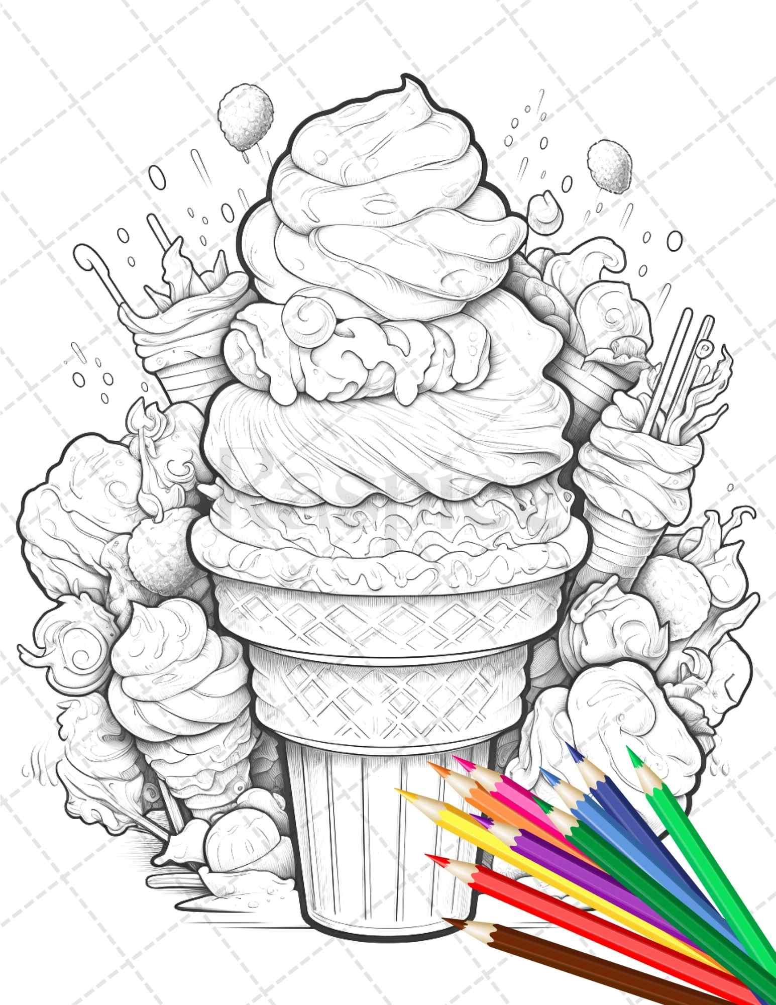52 Printable Ice Cream Desserts Coloring Pages for Adults and Kids, Grayscale Coloring Page, PDF File Instant Download