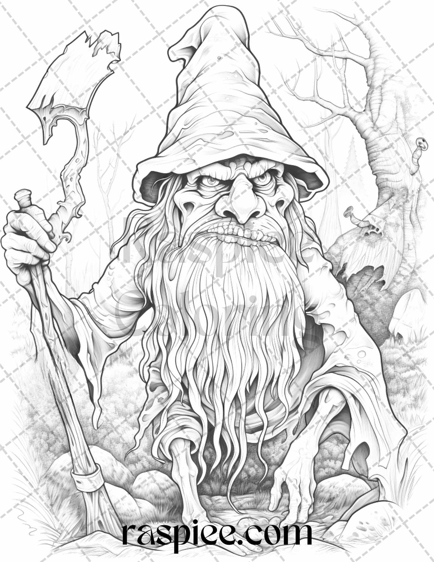 50 Horror Zombie Gnomes Grayscale Coloring Pages Printable for Adults, PDF File Instant Download