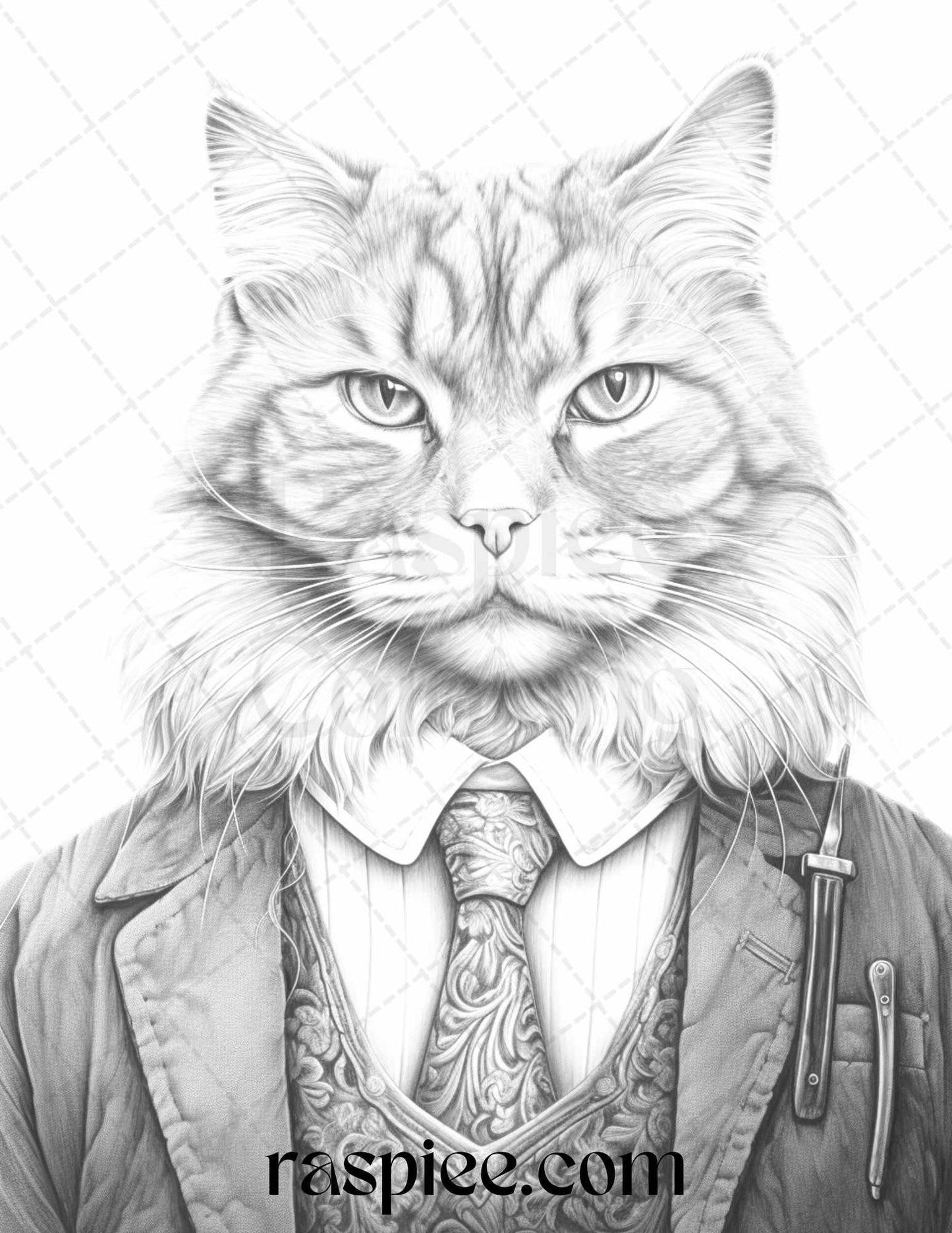 Gentleman Cat Grayscale Coloring Pages Printable for Adults Kids, PDF File Instant Download