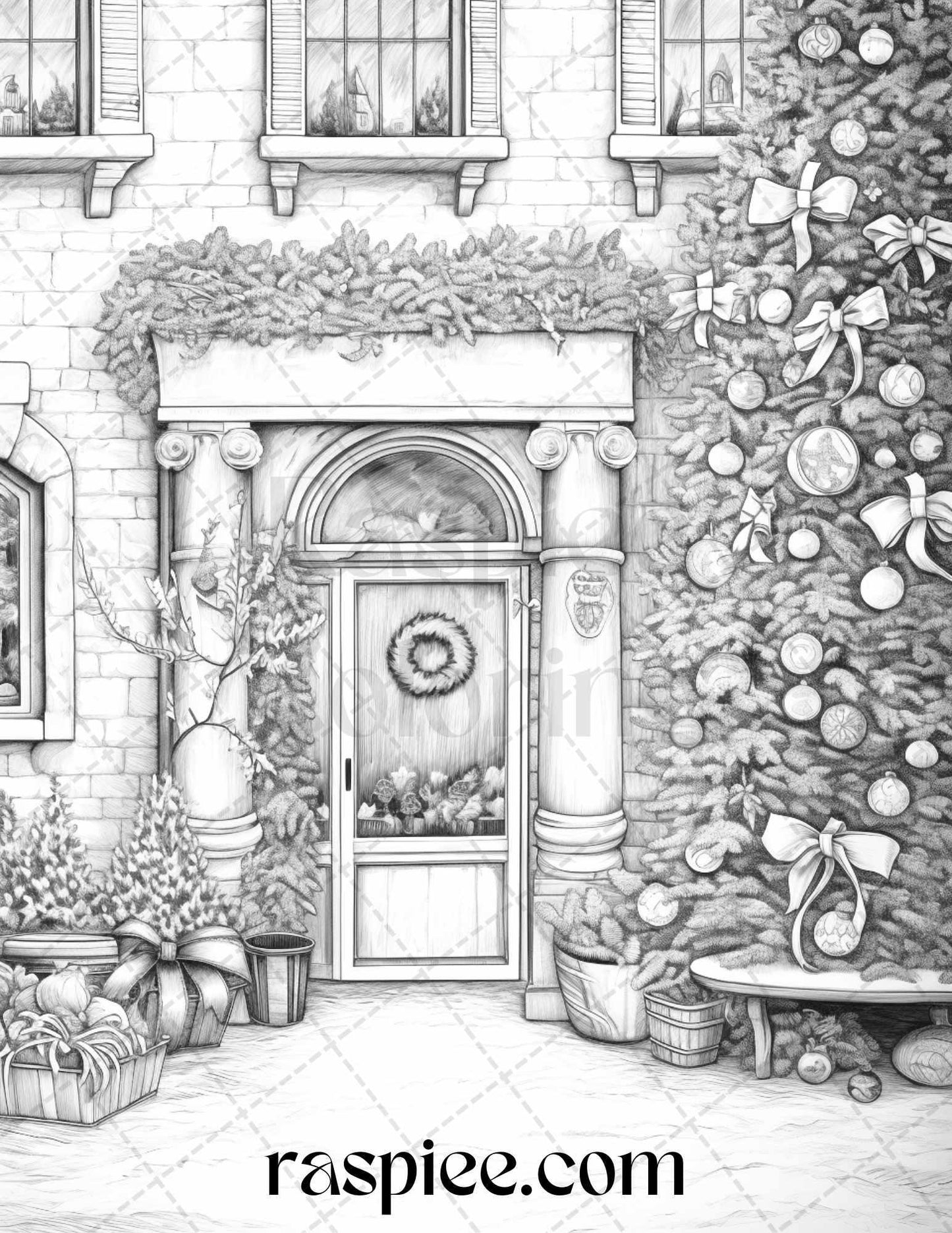 Christmas Store Front Grayscale Coloring Pages for Adults, PDF Printable Instant Download