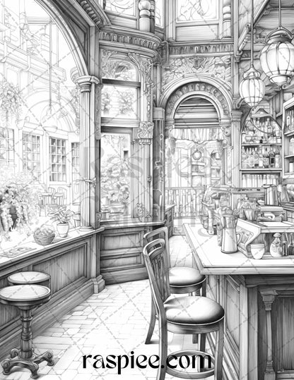 50 Cozy Coffee Shop Grayscale Coloring Pages Printable for Adults, PDF File Instant Download