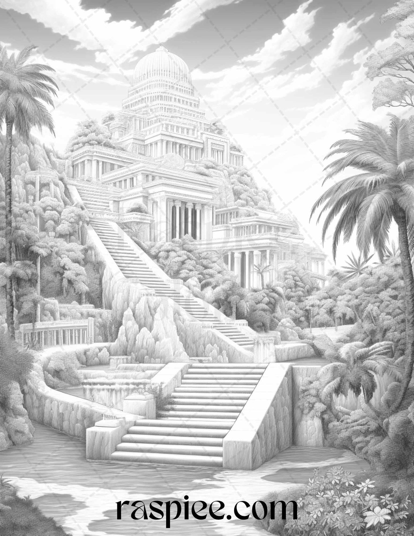 Hanging Gardens of Babylon Grayscale Coloring Pages Printable, PDF File Instant Download