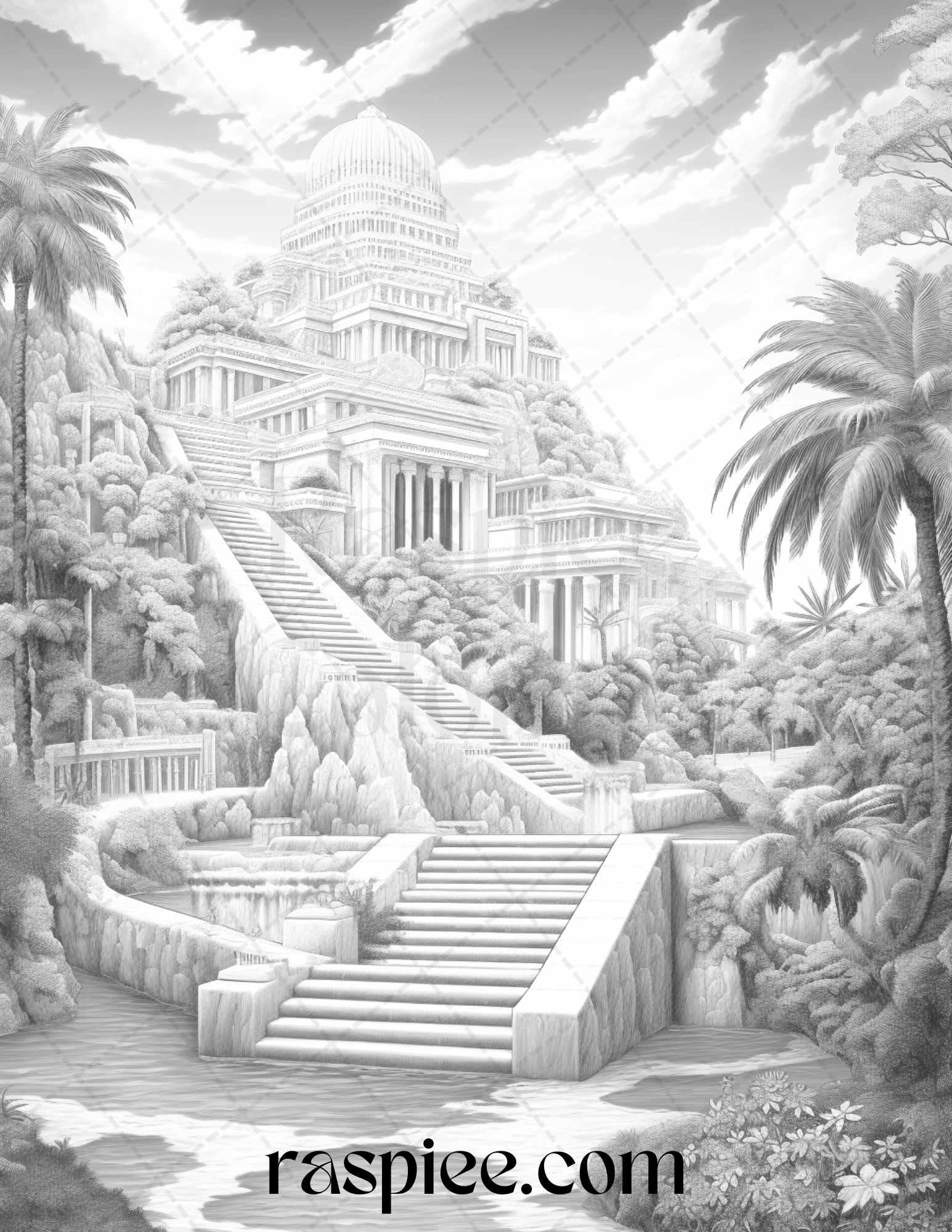Hanging Gardens of Babylon Grayscale Coloring Pages Printable, PDF File Instant Download