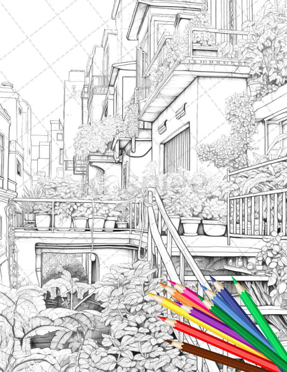 Charming Balcony Garden Grayscale Coloring Pages Printable for Adults, PDF File Instant Download