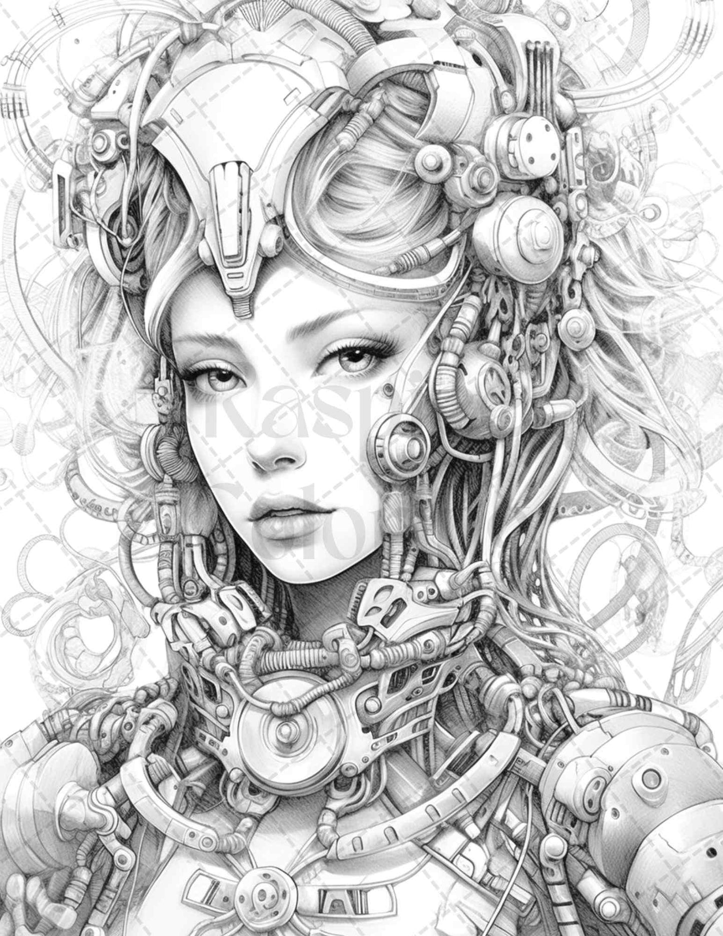 40 Beautiful Cyborg Girls Grayscale Coloring Pages Printable for Adults, PDF File Instant Download