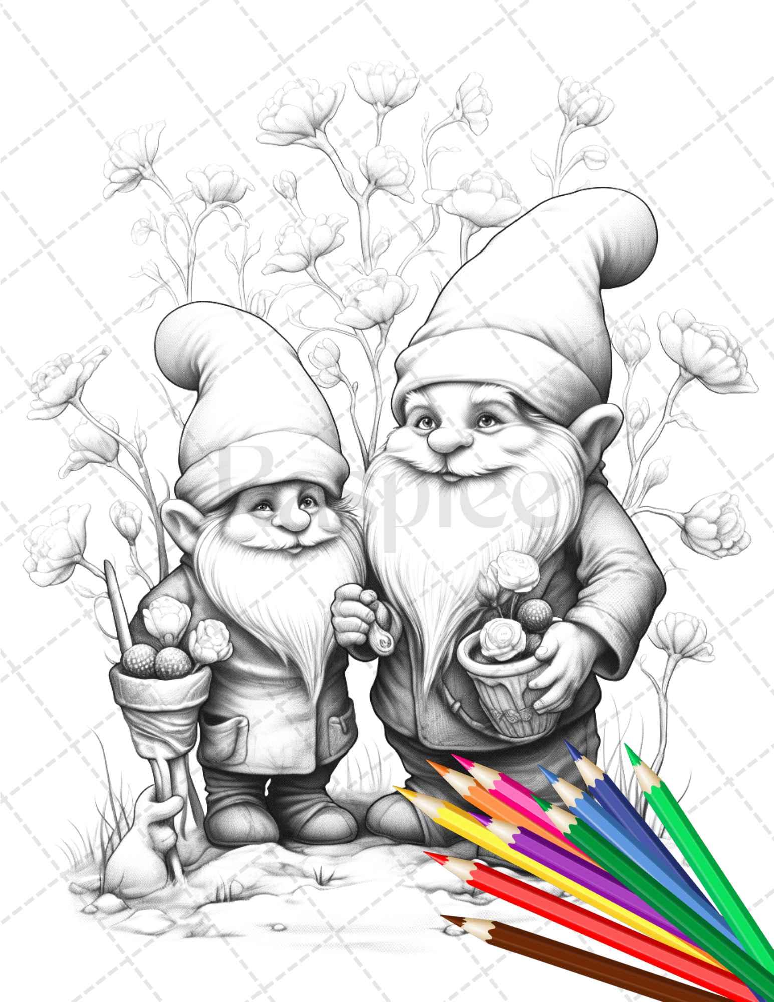 33 Gnome Love Coloring Pages Printable for Adults, Grayscale Coloring Page, PDF File Instant Download