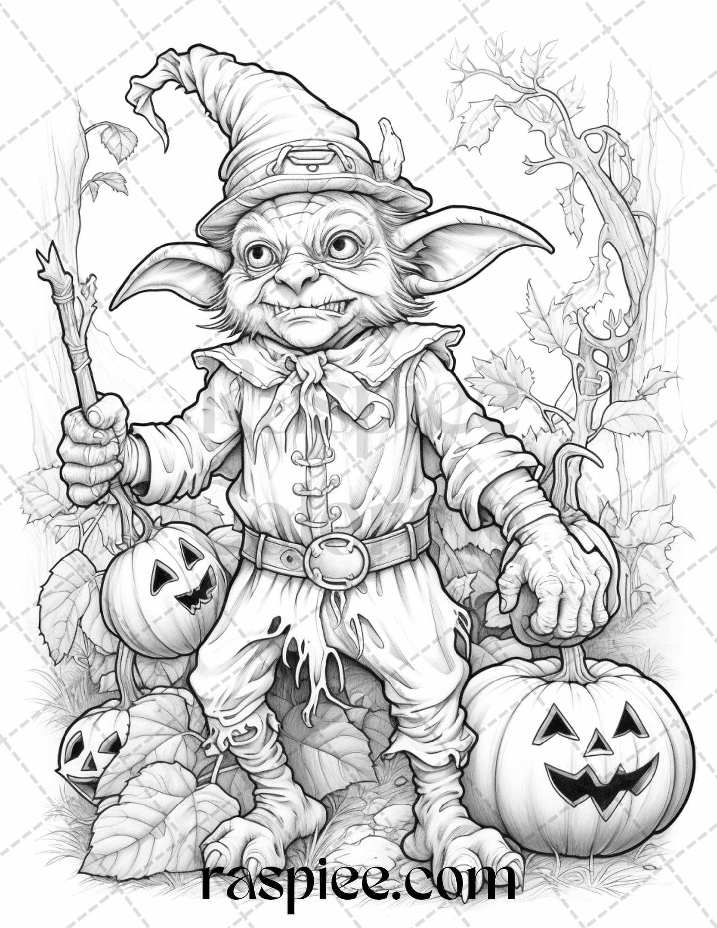 50 Halloween Goblin Grayscale Coloring Pages Printable for Adults, PDF File Instant Download