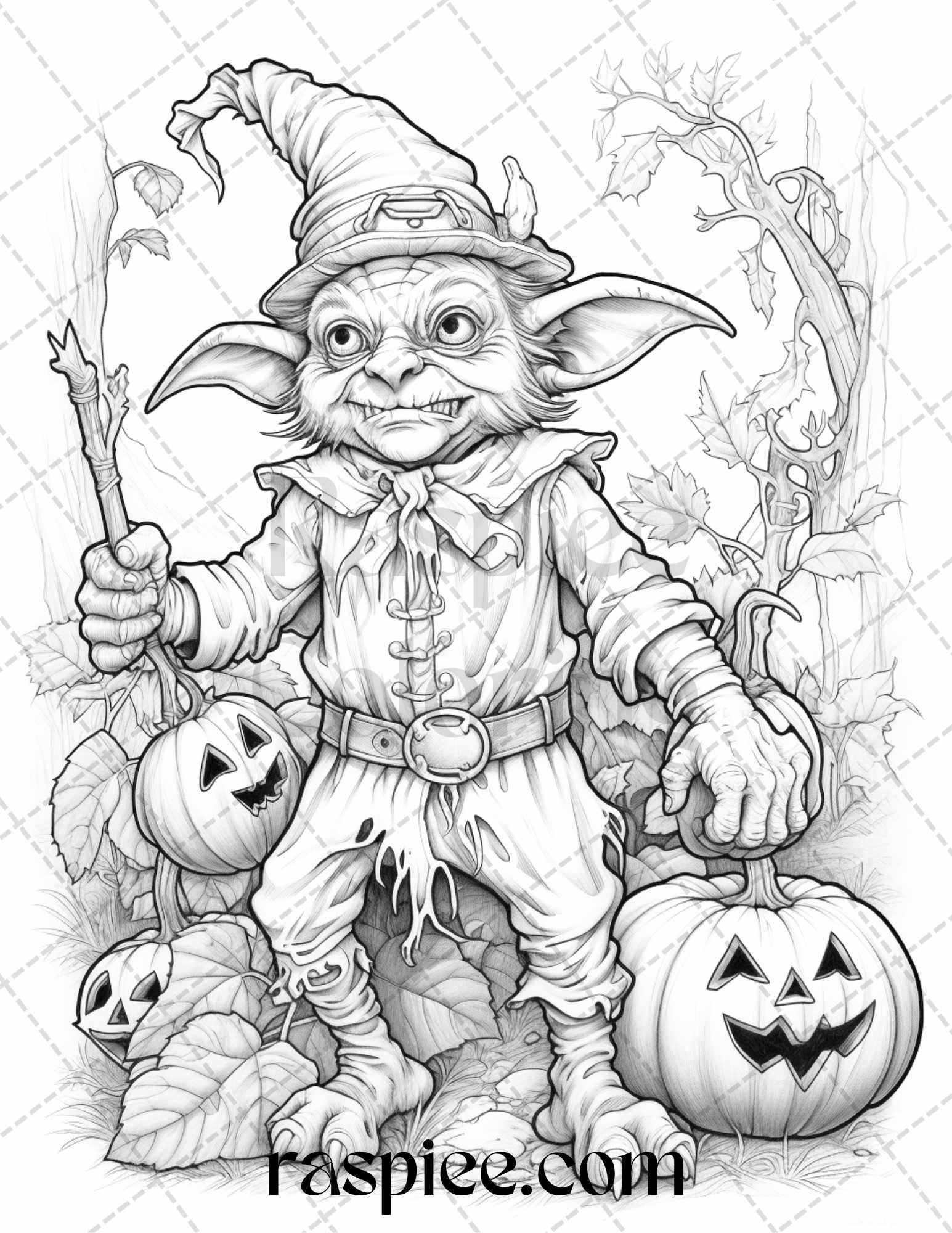 50 Halloween Goblin Grayscale Coloring Pages Printable for Adults, PDF File Instant Download