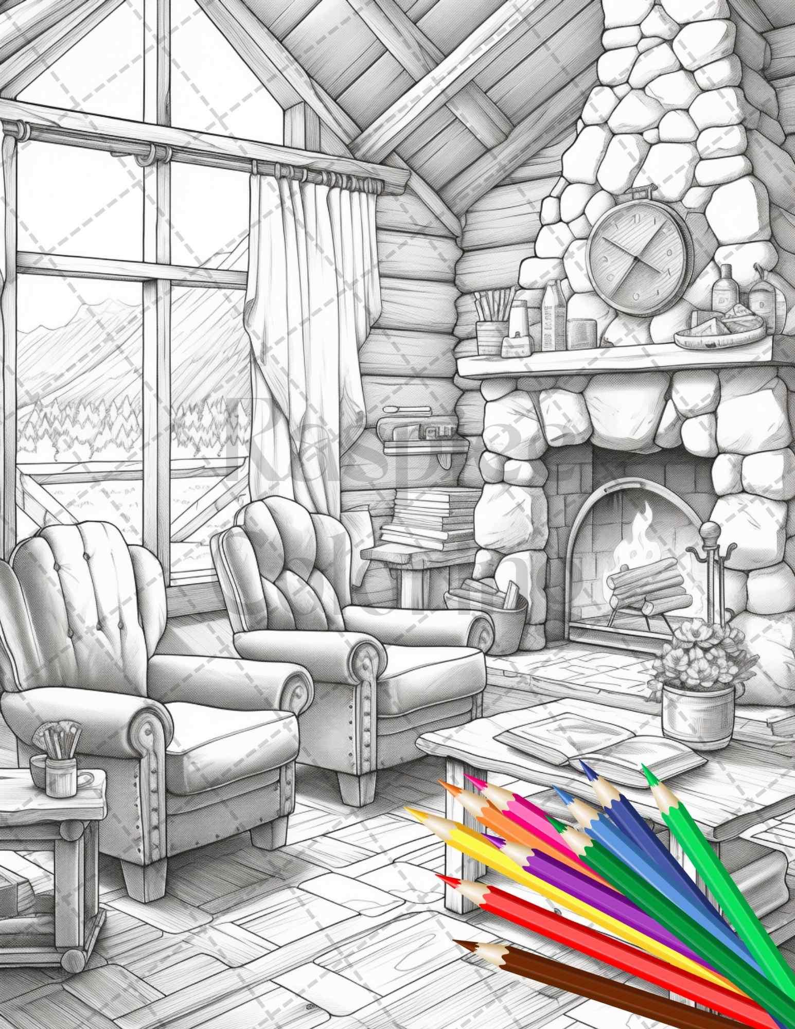 Cozy Cabin Interior Grayscale Coloring Pages Printable for Adults, PDF File Instant Download