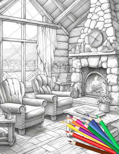Cozy Cabin Interior Grayscale Coloring Pages Printable for Adults, PDF File Instant Download