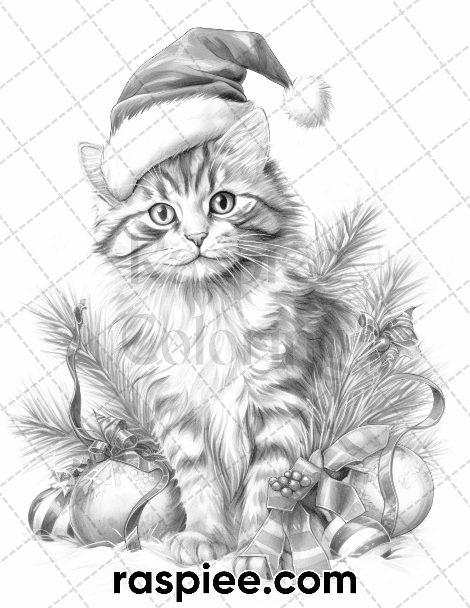 40 Christmas Cats Grayscale Coloring Pages for Adults, Printable PDF Instant Download