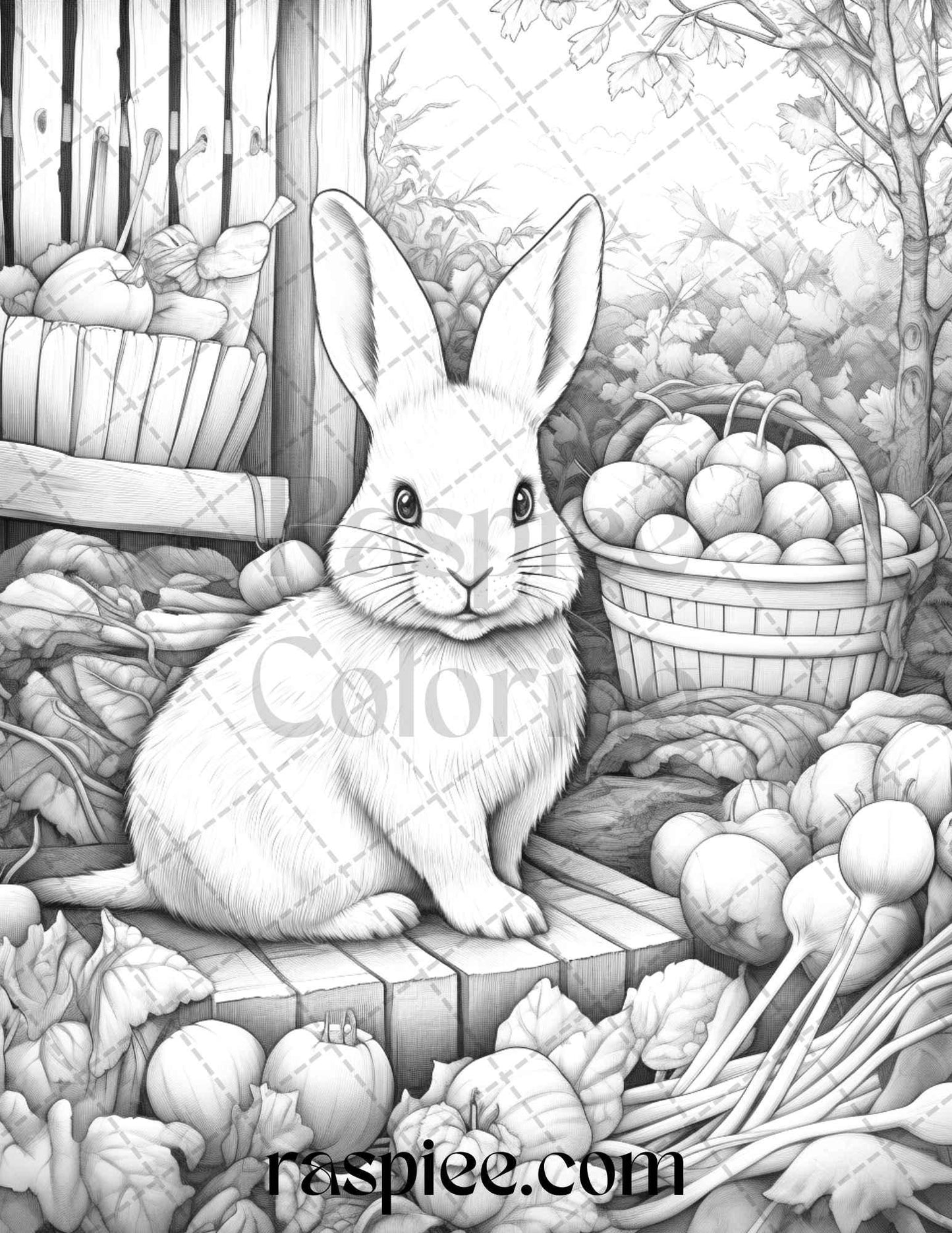 50 Rabbit Garden Grayscale Coloring Pages Printable for Adults, PDF File Instant Download