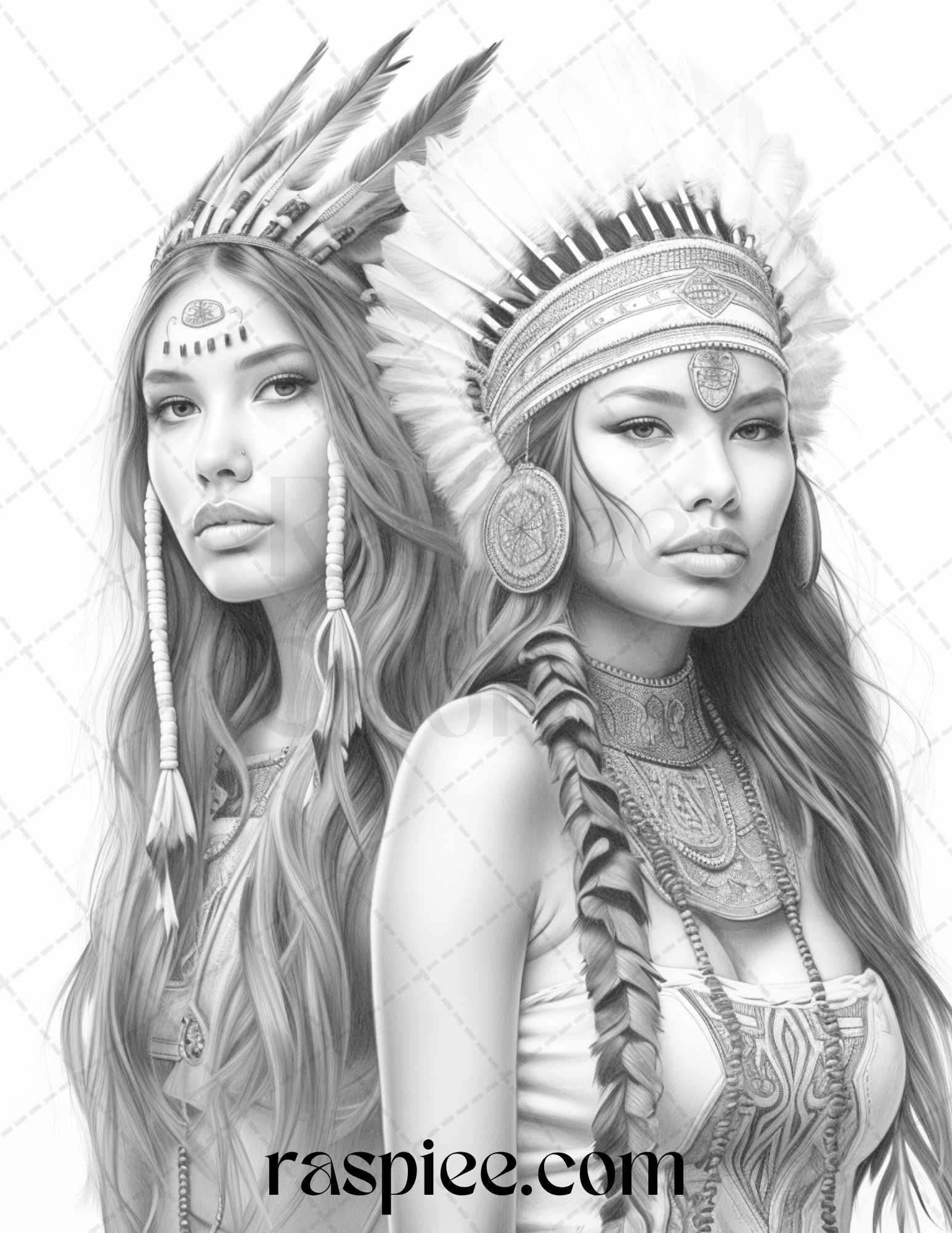 Native American Portrait Grayscale Coloring Pages Printable for Adults, PDF File Instant Download