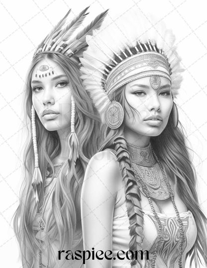 Native American Portrait Grayscale Coloring Pages Printable for Adults, PDF File Instant Download