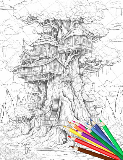 110 Enchanted Treehouse Coloring Book Printable for Adults, Grayscale Coloring Page, PDF File Instant Download