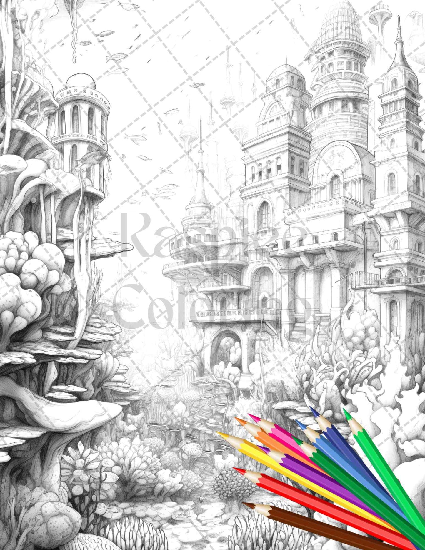 Enchanted Underwater City Grayscale Coloring Pages Printable for Adults, PDF File Instant Download