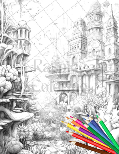 Enchanted Underwater City Grayscale Coloring Pages Printable for Adults, PDF File Instant Download