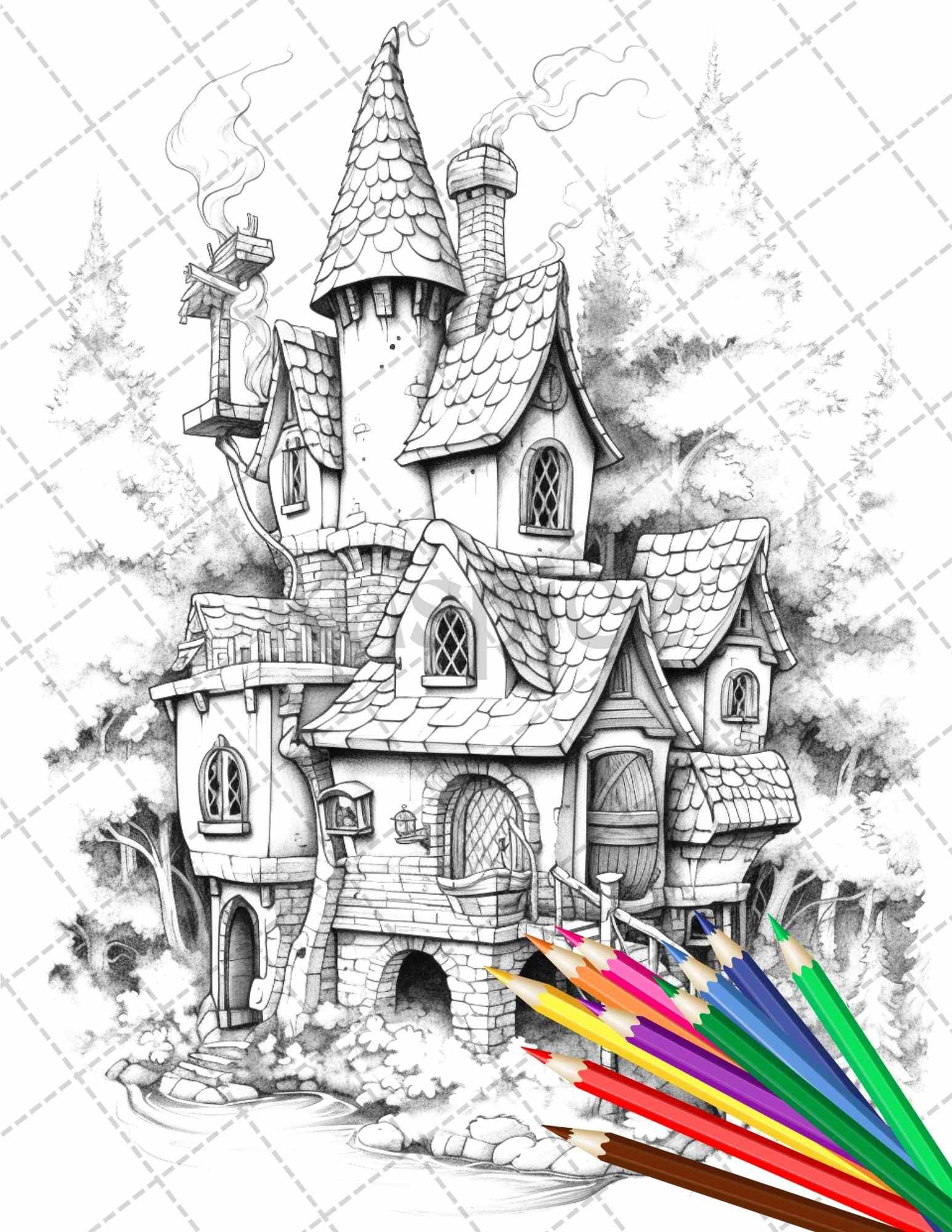 63 Winter Fairy Houses Grayscale Coloring Pages Printable for Adults, PDF File Instant Download